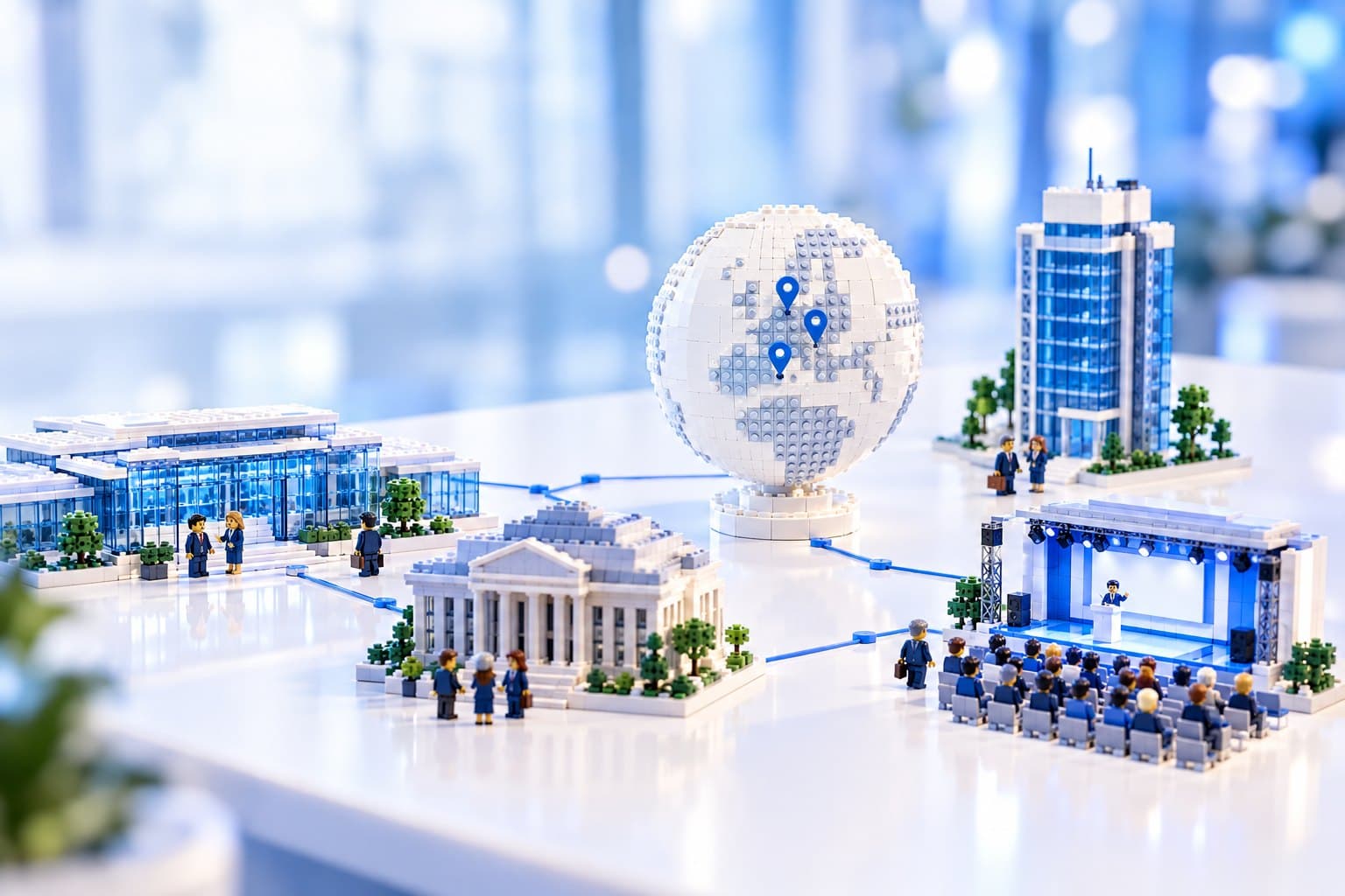 LEGO model of a globe with location markers, surrounded by conference buildings and a stage