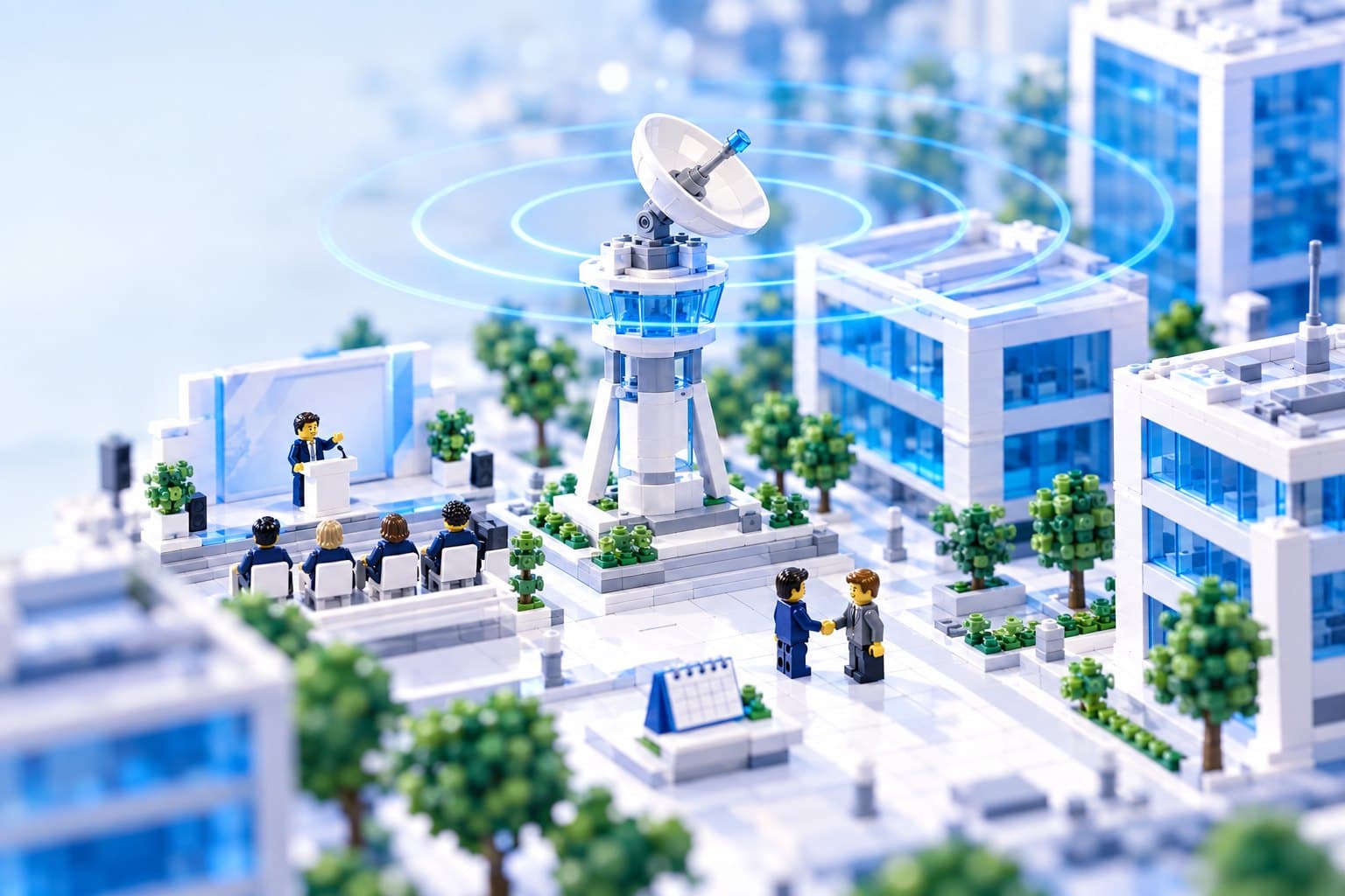 LEGO-Stadt mit einem Radarturm, dessen Wellen Bürogebäude und eine Konferenzbühne erfassen